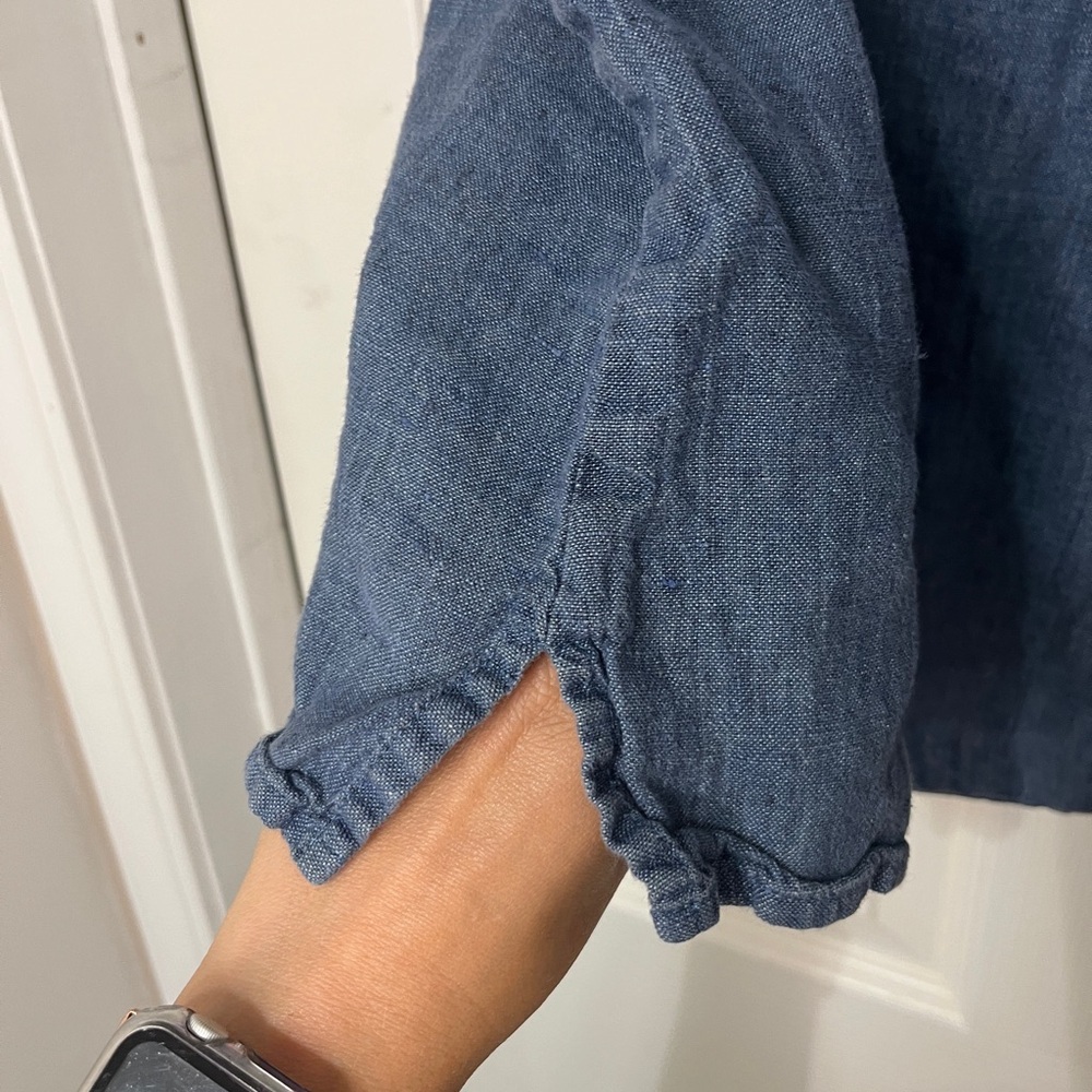Flax L Denim Blue Linen Shirt Sleeveless Pullover Solid Boxy Minimalist - Picture 4 of 7